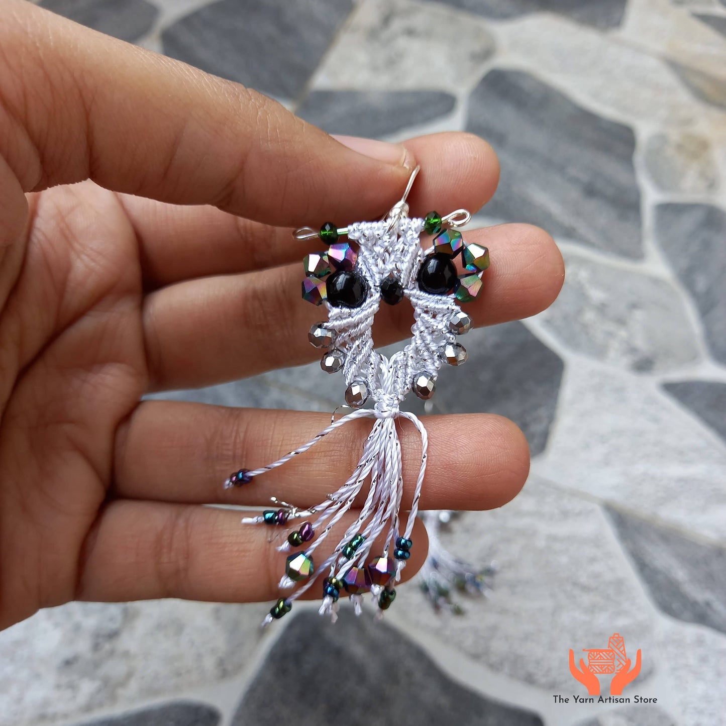 micro-macrame owl dangler earrings with bead embellished tail feathers