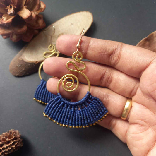 brass earrings macrame earrings royal blue earrings party wear earrings gold earrings