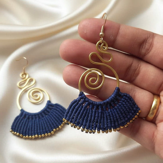 brass earrings macrame earrings royal blue earrings party wear earrings gold earrings