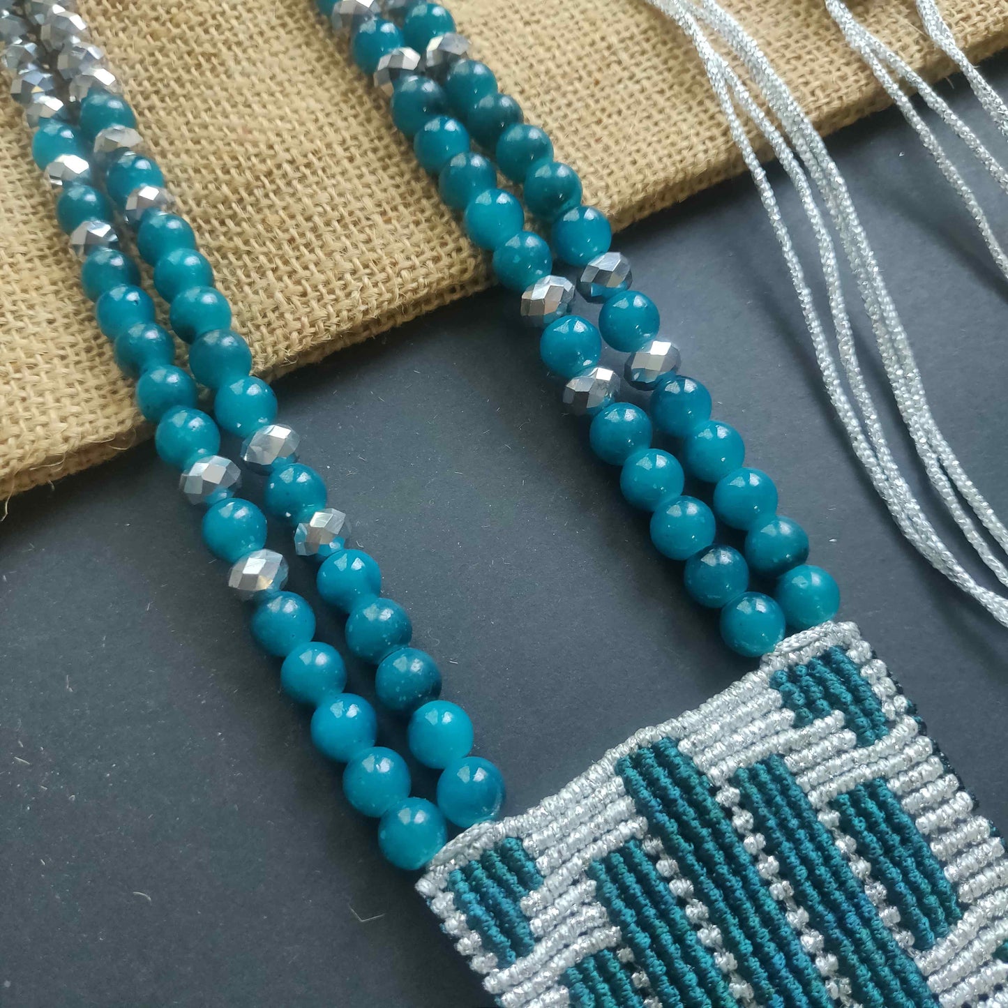 long bead necklace silver necklace set geometric pattern pendant necklace set teal jewellery square necklace