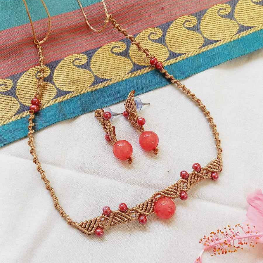 macrame bead necklace stud earrings set in beige with pink agate stone beads