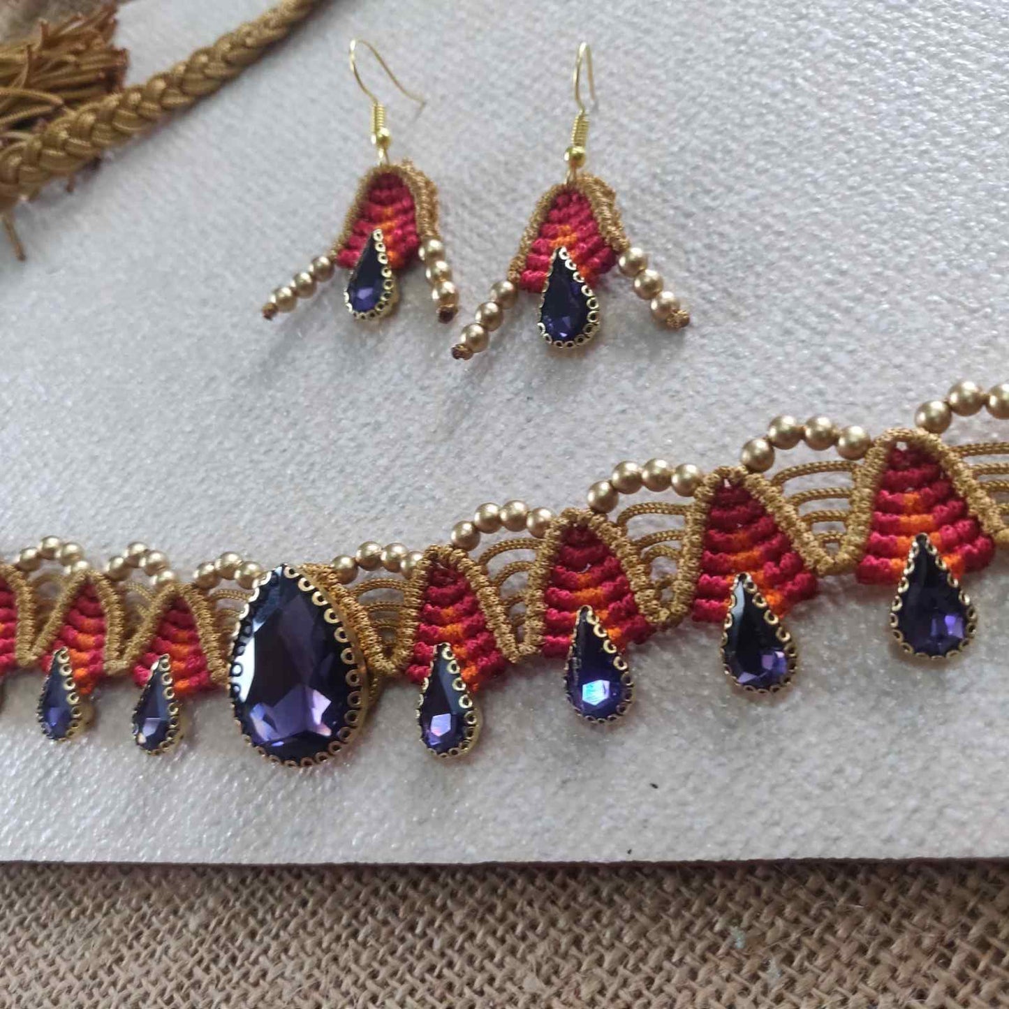 stone choker necklace set macrame choker set purple necklace red necklace orange necklace party necklace for plain saree