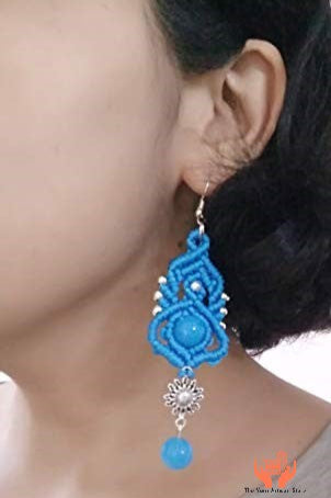 macrame statement dangler earrings with silver charms and beads
