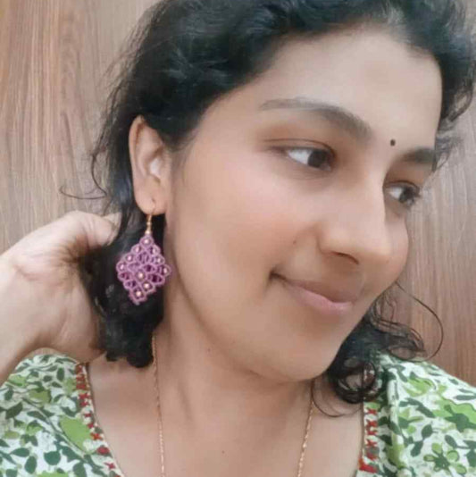 diamond shaped earrings purple dangler earrings macrame earrings