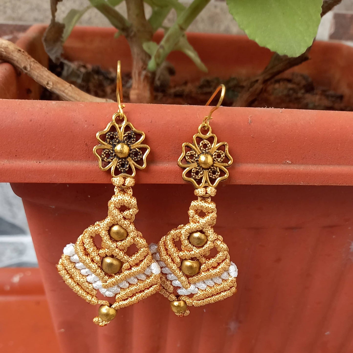 macrame dangler earrings with a floral connector and beads dailywear casual party wear office wear earrings