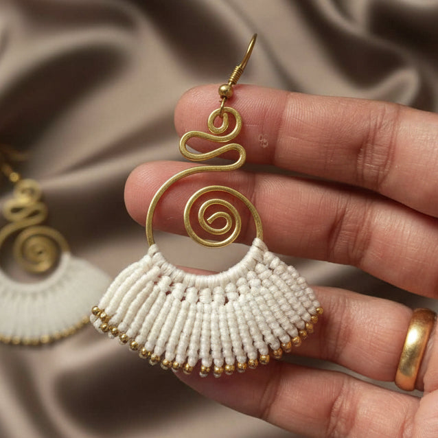 brass earrings macrame earrings white earrings party wear earrings gold earrings