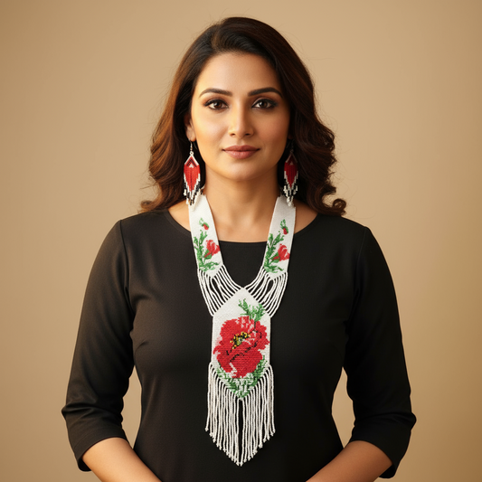 Poppy red floral bead necklace set