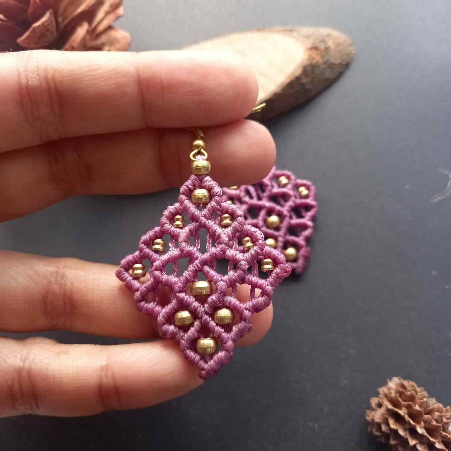 diamond shaped earrings purple dangler earrings macrame earrings