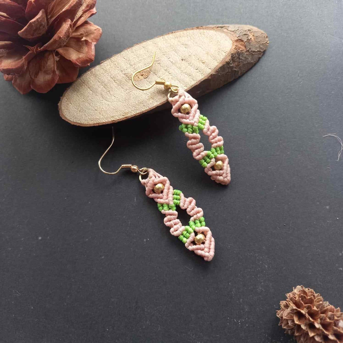 bead earrings macrame earrings zigzag design earrings pink earrings