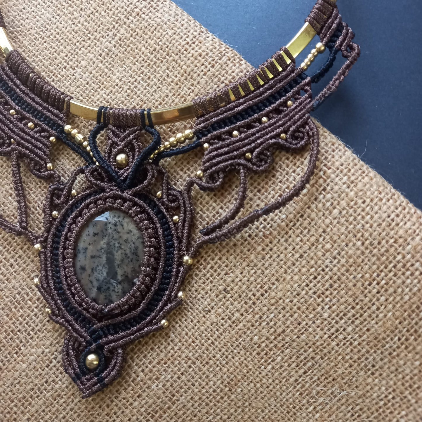 macrame brass choker necklace with jasper stone and brass beads in brown and black yarn