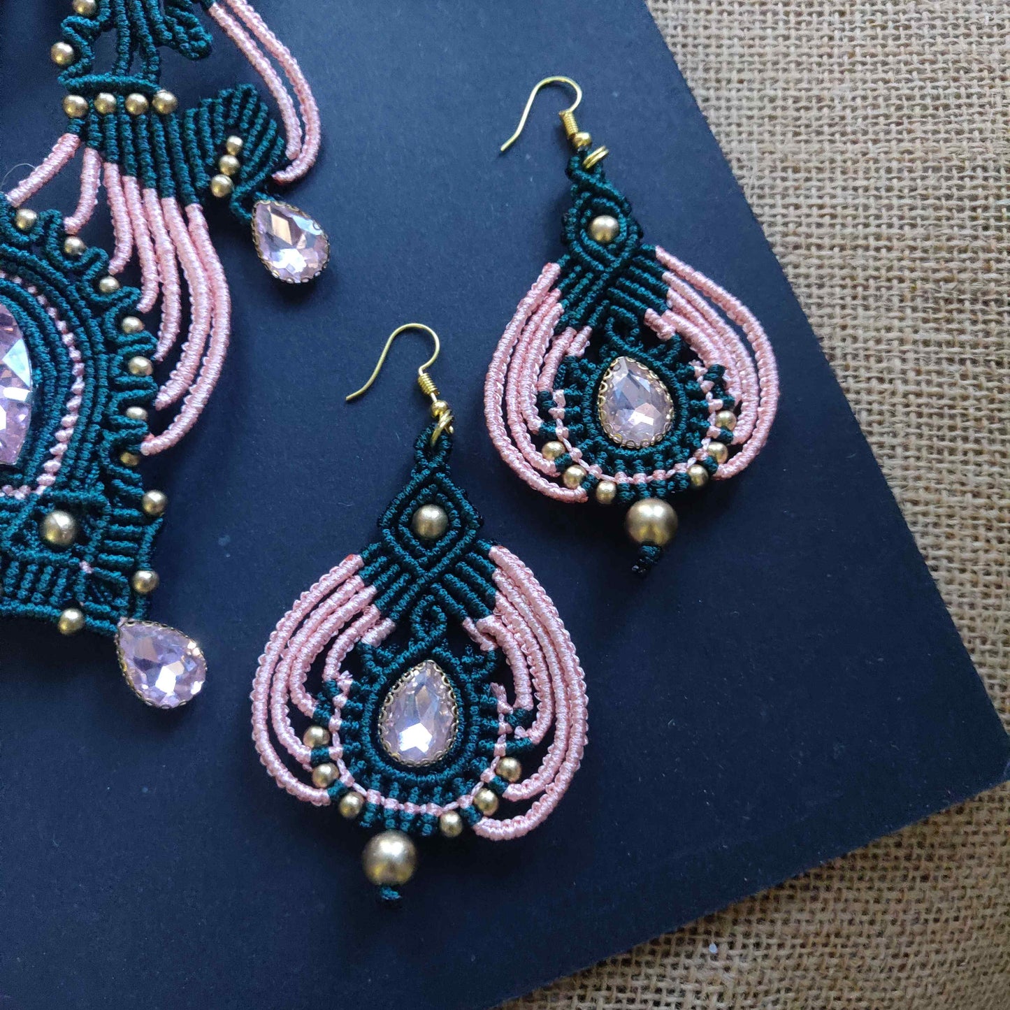 macrame stone necklace earrings and bracelet set in rama green and salmon pink party necklace set wedding jewellery