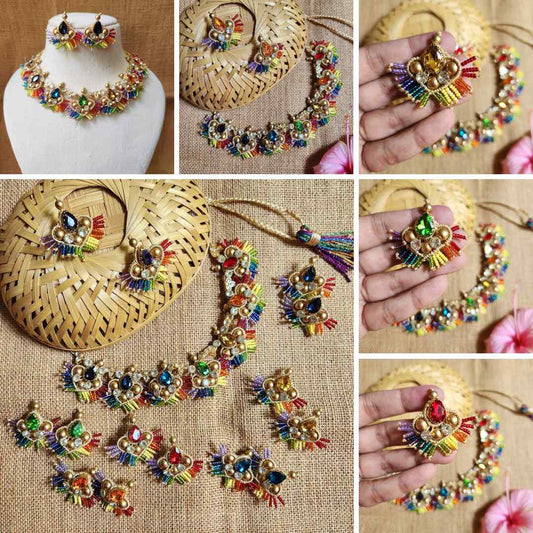 stone necklace rainbow macrame necklace set gold necklace bead necklace ethnic necklace party wear sangeet haldi wedding