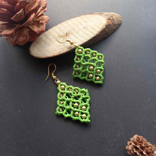 light green diamond shaped bead macrame dangler earrings
