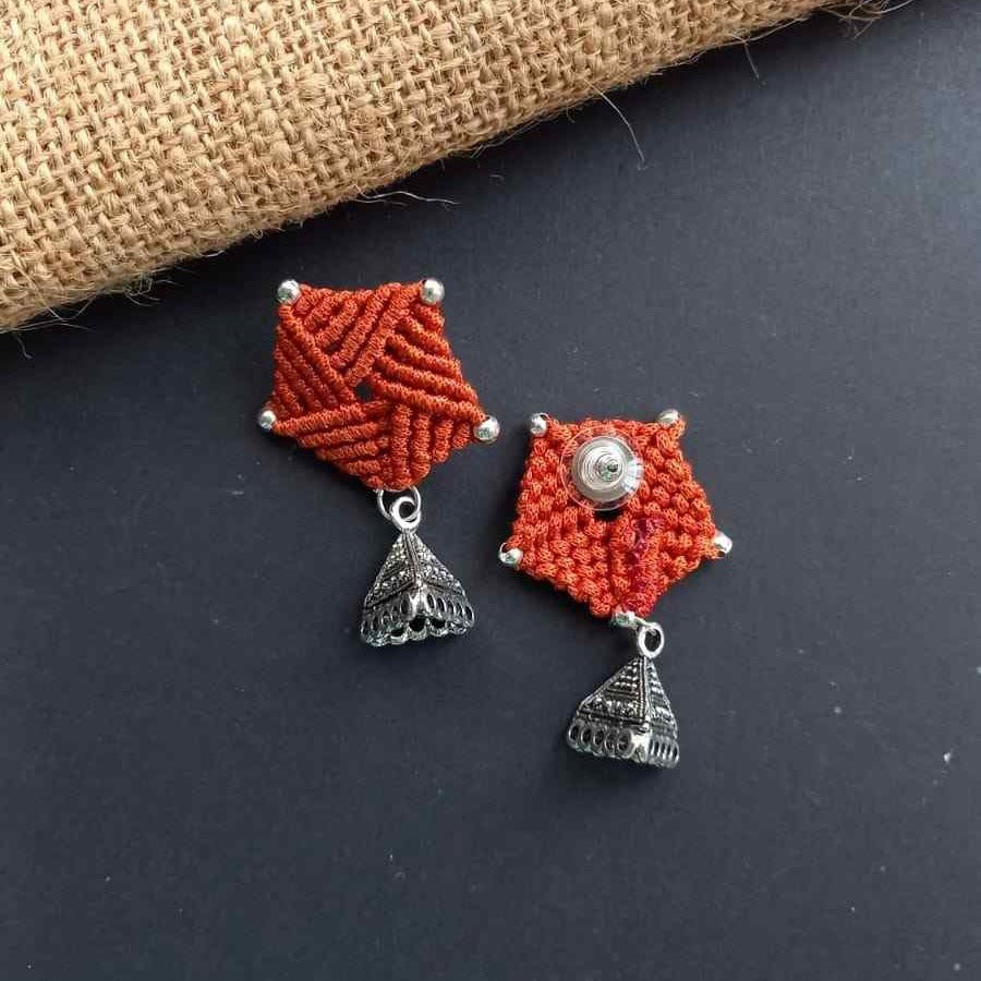 bead macrame pentagon shaped stud earrings with triangle jhumkis