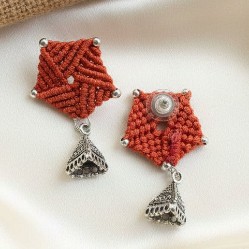 bead macrame pentagon shaped stud earrings with triangle jhumkis
