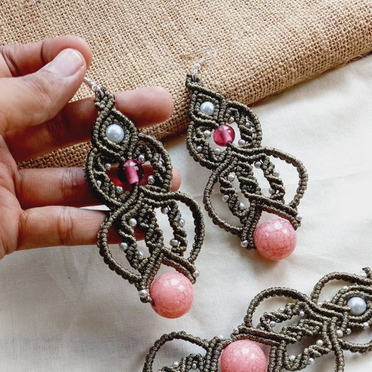 Macrame bead dangler earrings in olive green with pink and pearl beads