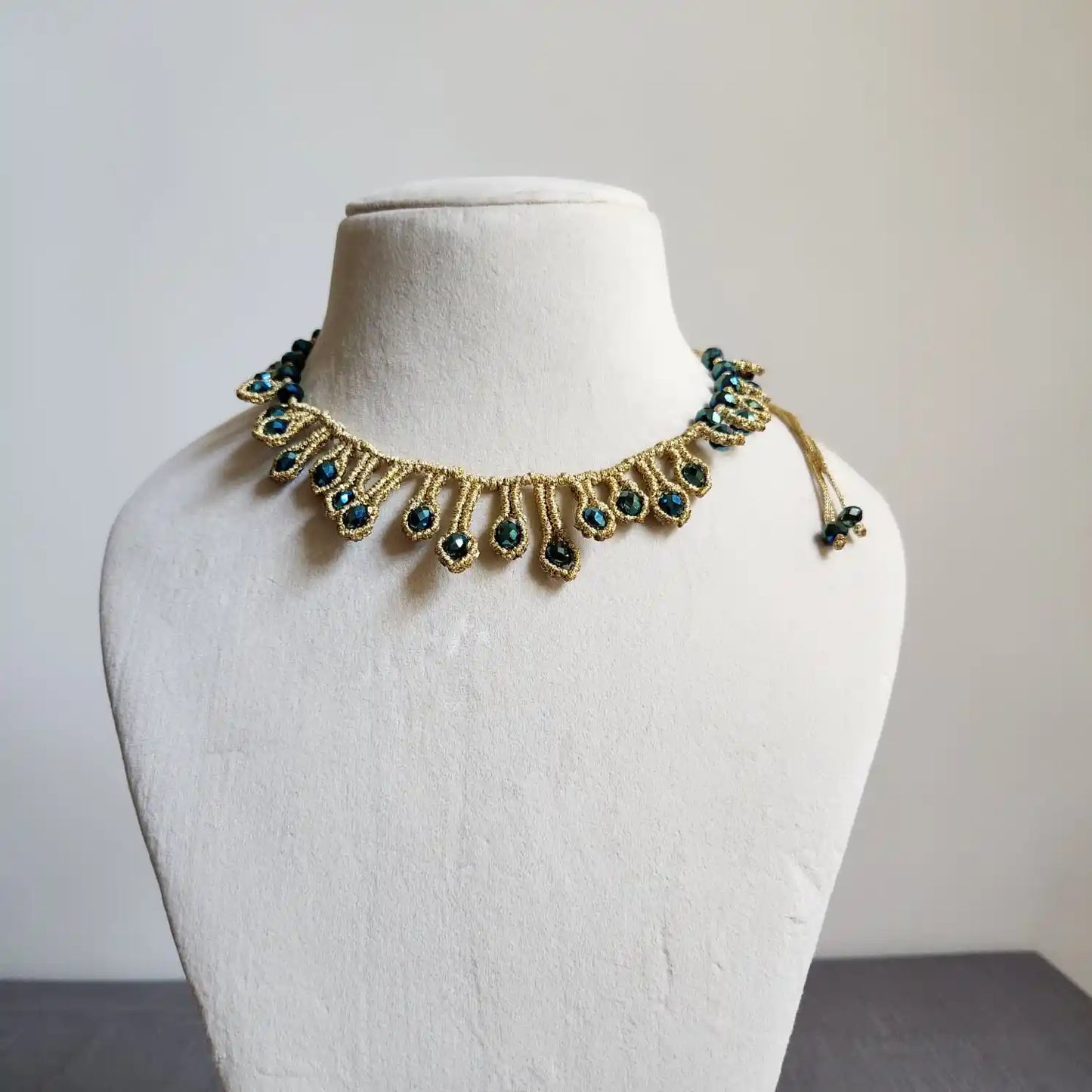 macrame necklace gold necklace bead necklace peacock blue necklace party necklace
