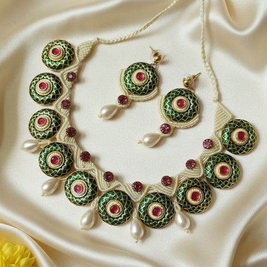 green meenakari necklace ruby necklace pearl necklace festive necklace party wear necklace stud earrings