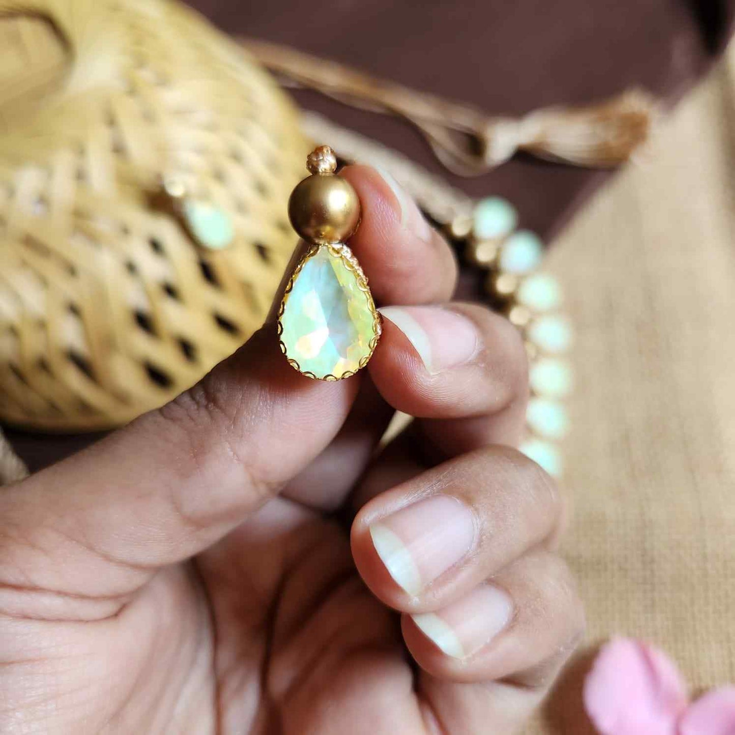 necklace stone jewellery party wedding necklace formal wear macrame necklace set green gold necklace