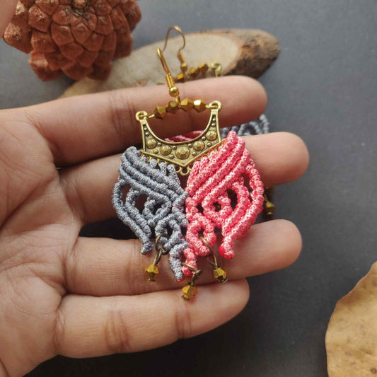 bead earrings gold earrings chandbali earrings macrame earrings pink grey earrings