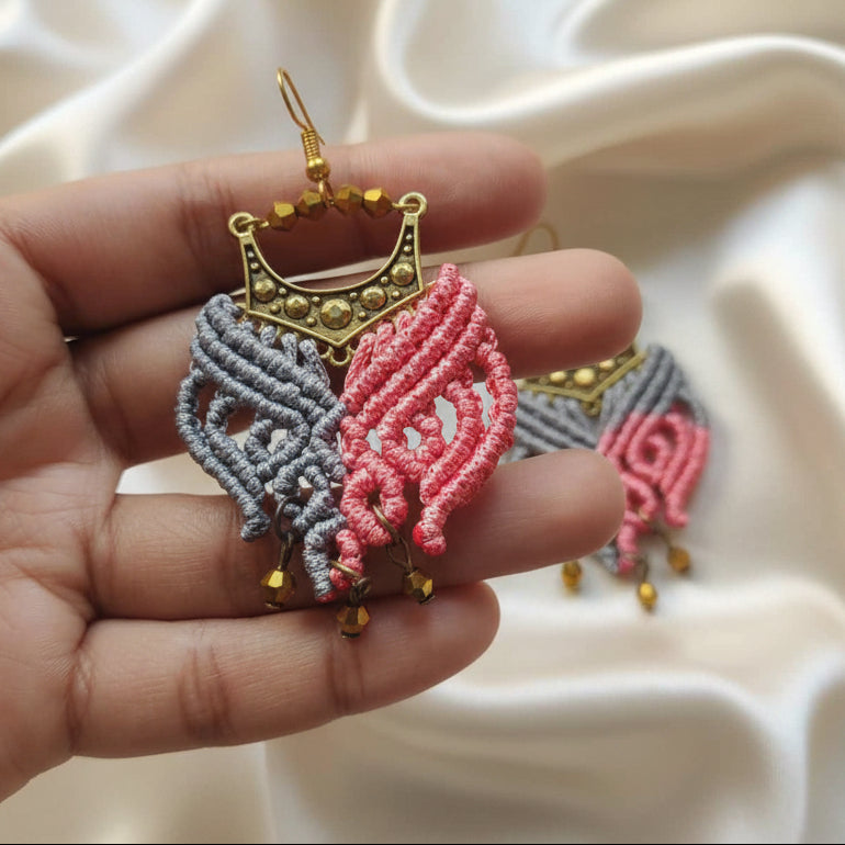 bead earrings gold earrings chandbali earrings macrame earrings pink grey earrings