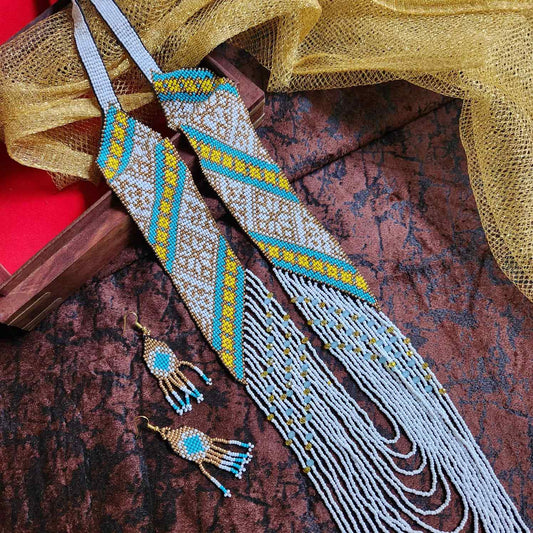 bead loom necklace long necklace layer necklace geometric design party necklace for saree formal wear statement necklace set