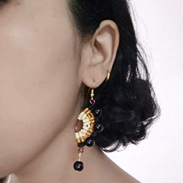 half moon shaped asymmetric macrame bead dangler earrings