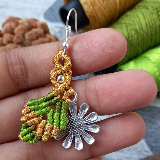 dangler earrings flower earrings leaf earrings macrame earrings multi dual tone earrings silver earrings oxidised silver