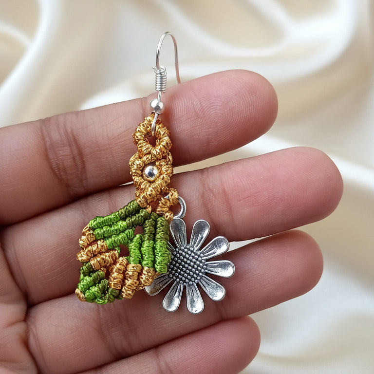 dangler earrings flower earrings leaf earrings macrame earrings multi dual tone earrings silver earrings oxidised silver