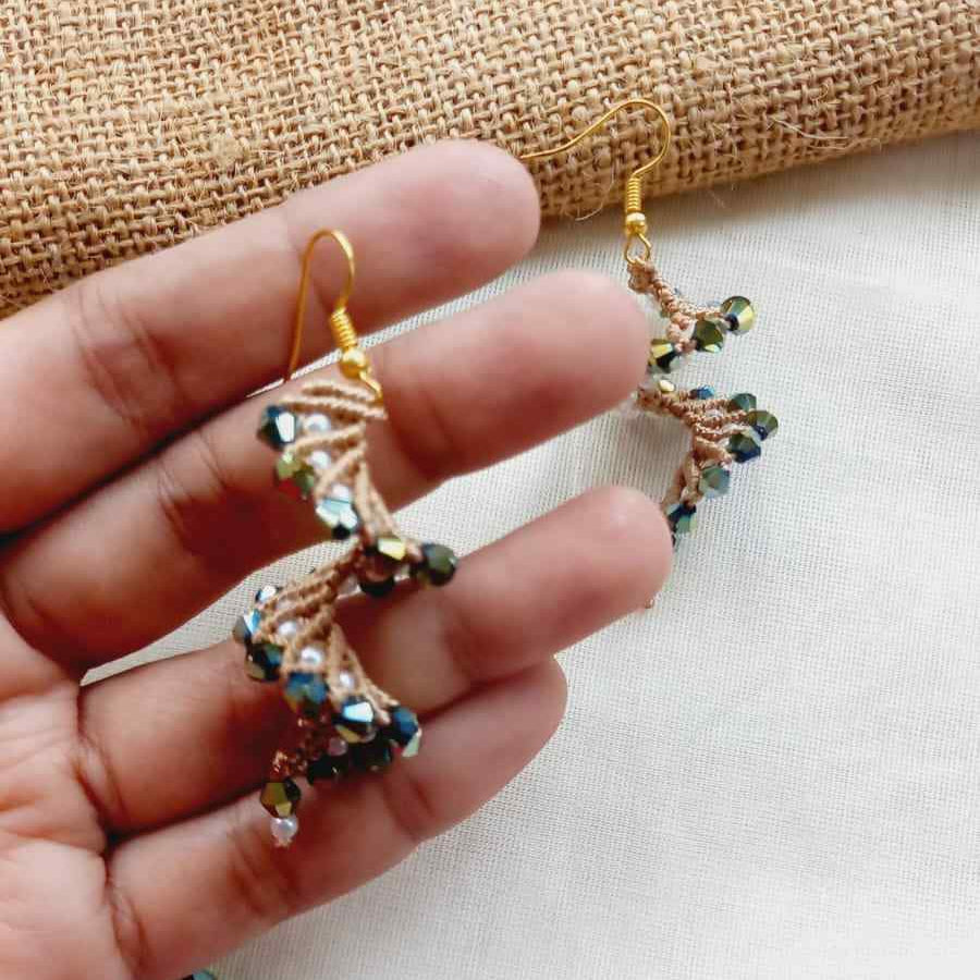 macrame bead earrings in spiral shape with green beads office wear earrings