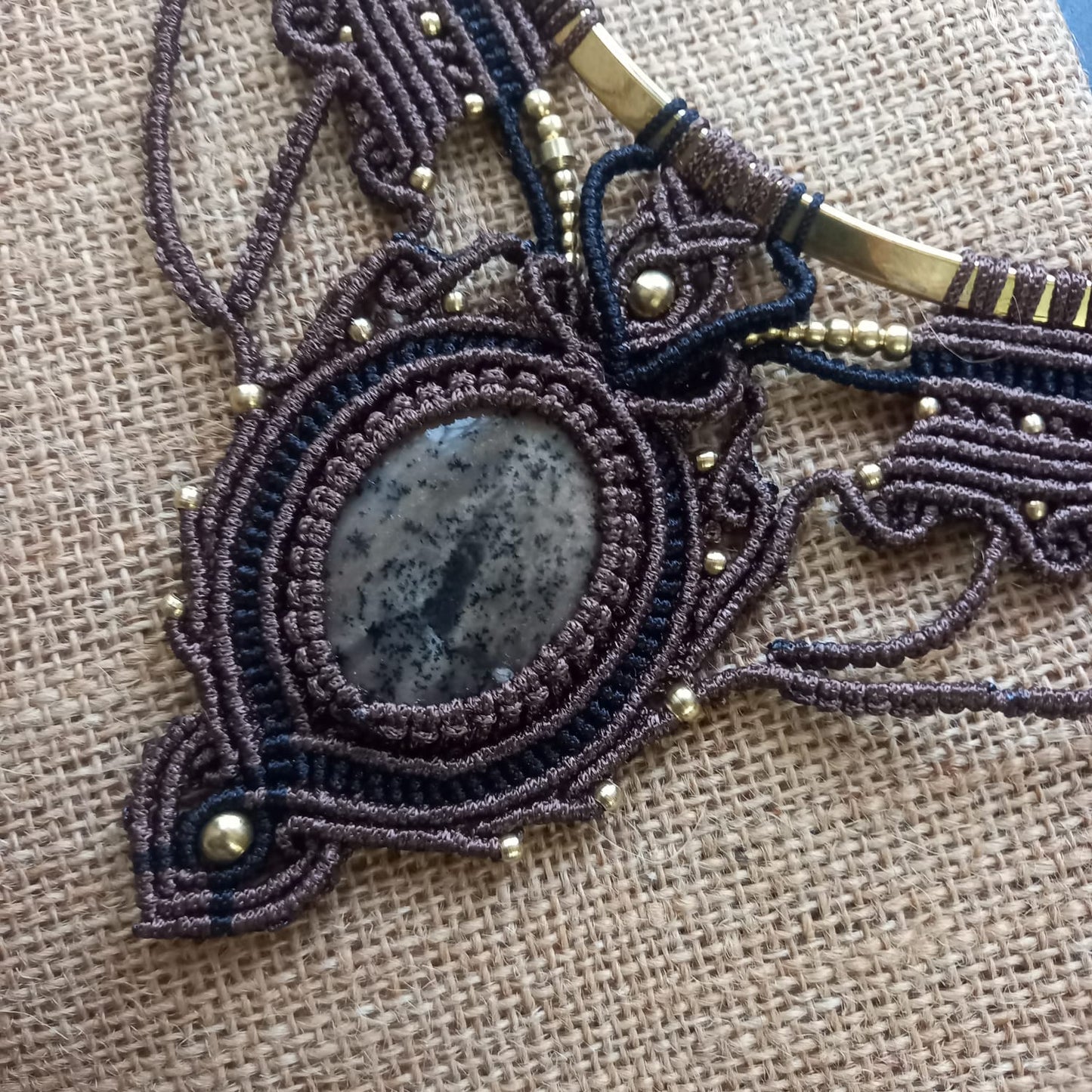 macrame brass choker necklace with jasper stone and brass beads in brown and black yarn