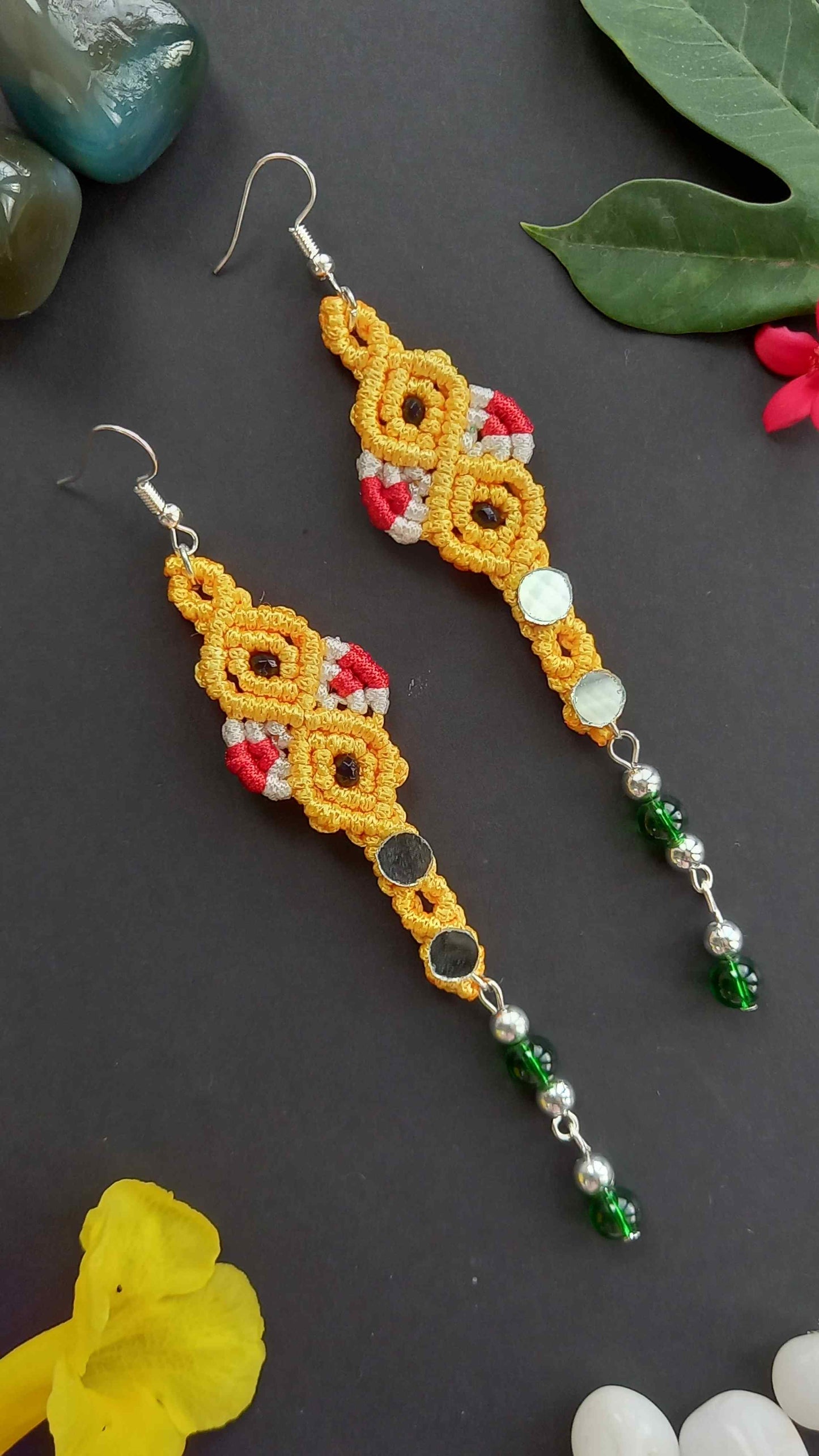 Macrame mirror work mandala necklace and earrings set in yellow and green