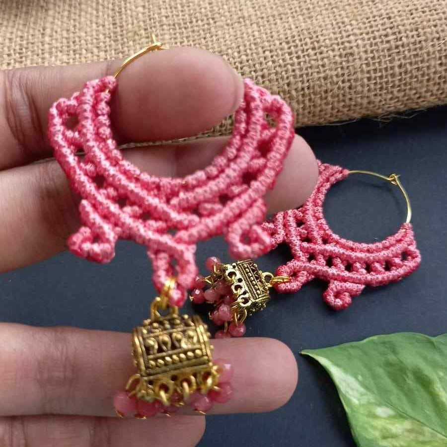 hoop with bead macrame work with jhumki attachment