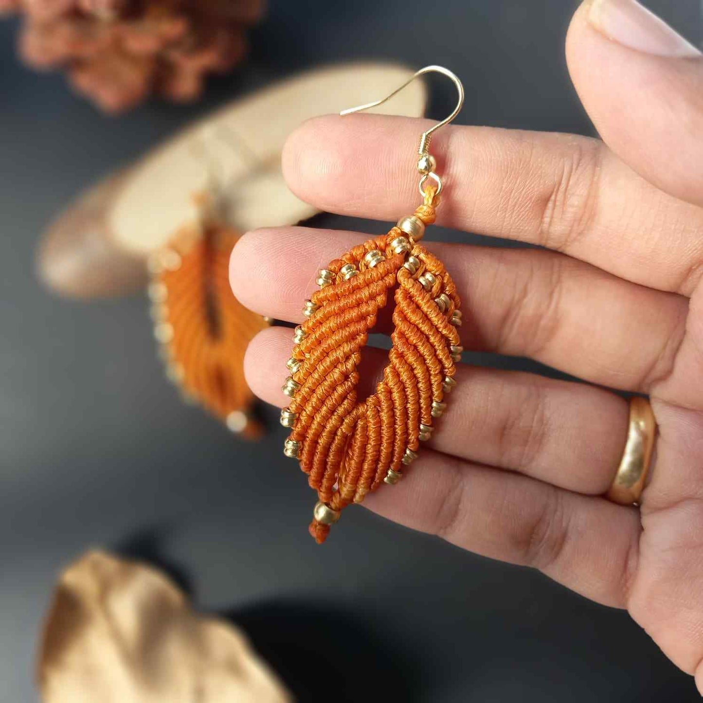 yellow leaf earrings bead macrame earrings brass bead leaf earrings casual earrings