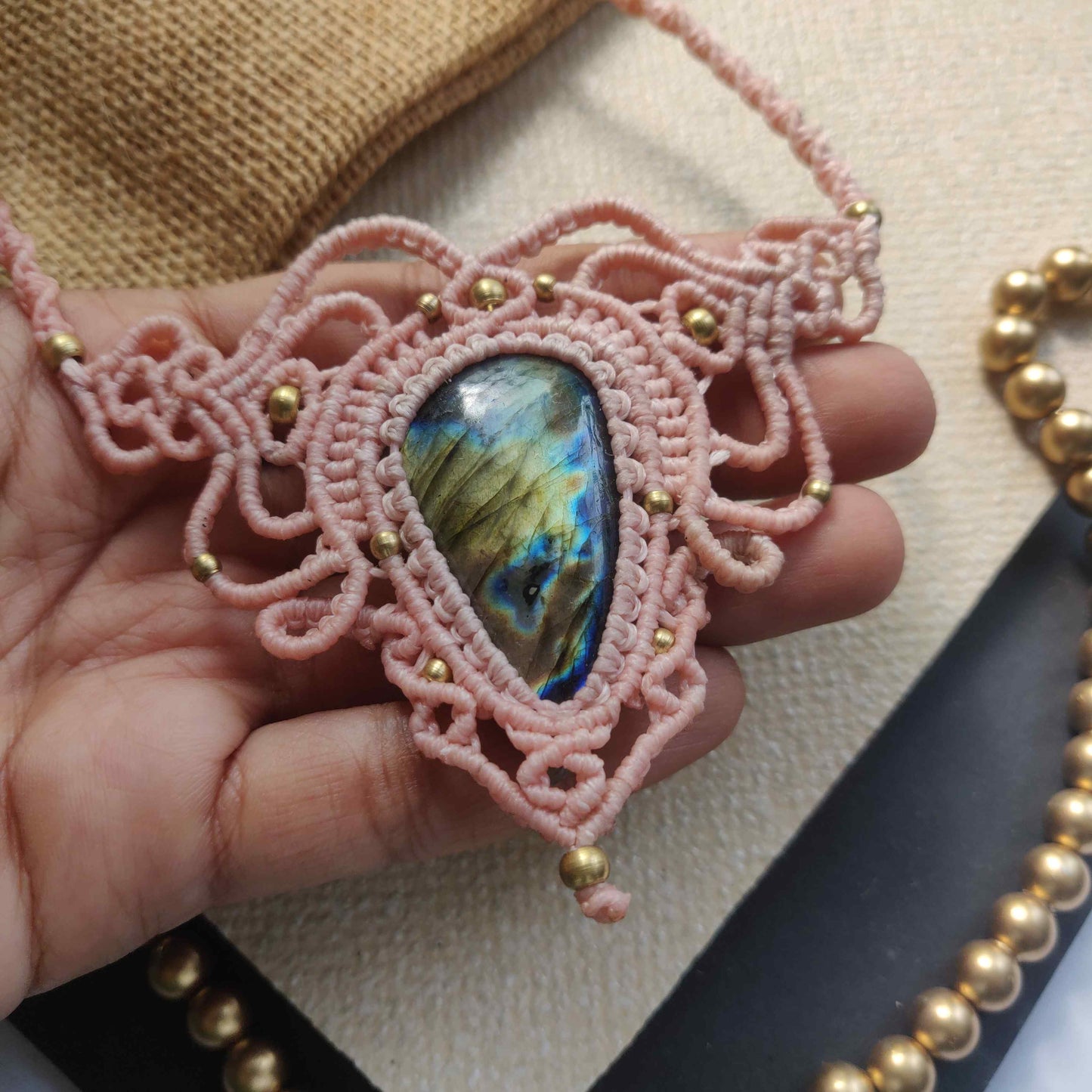 Sarasija labradorite macrame statement necklace