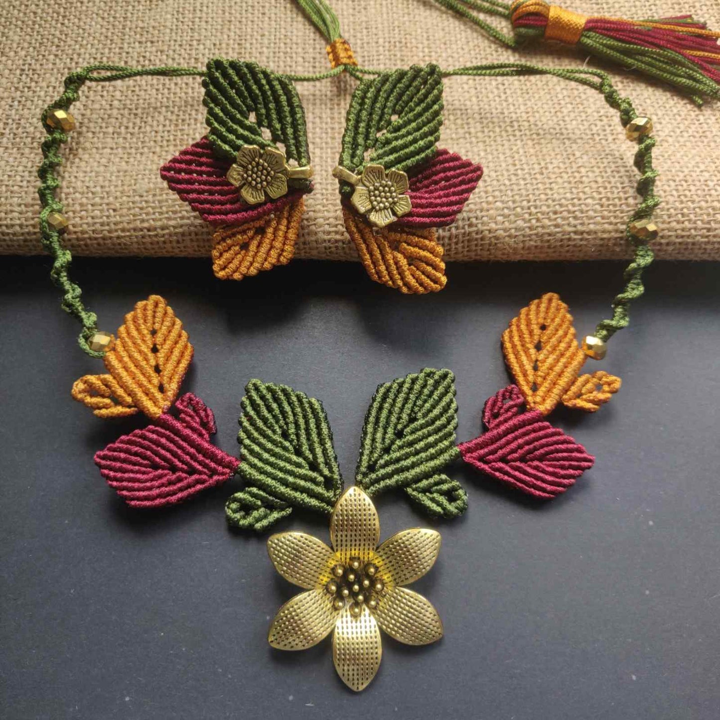 flower and leaves statement necklace and earrings set for women