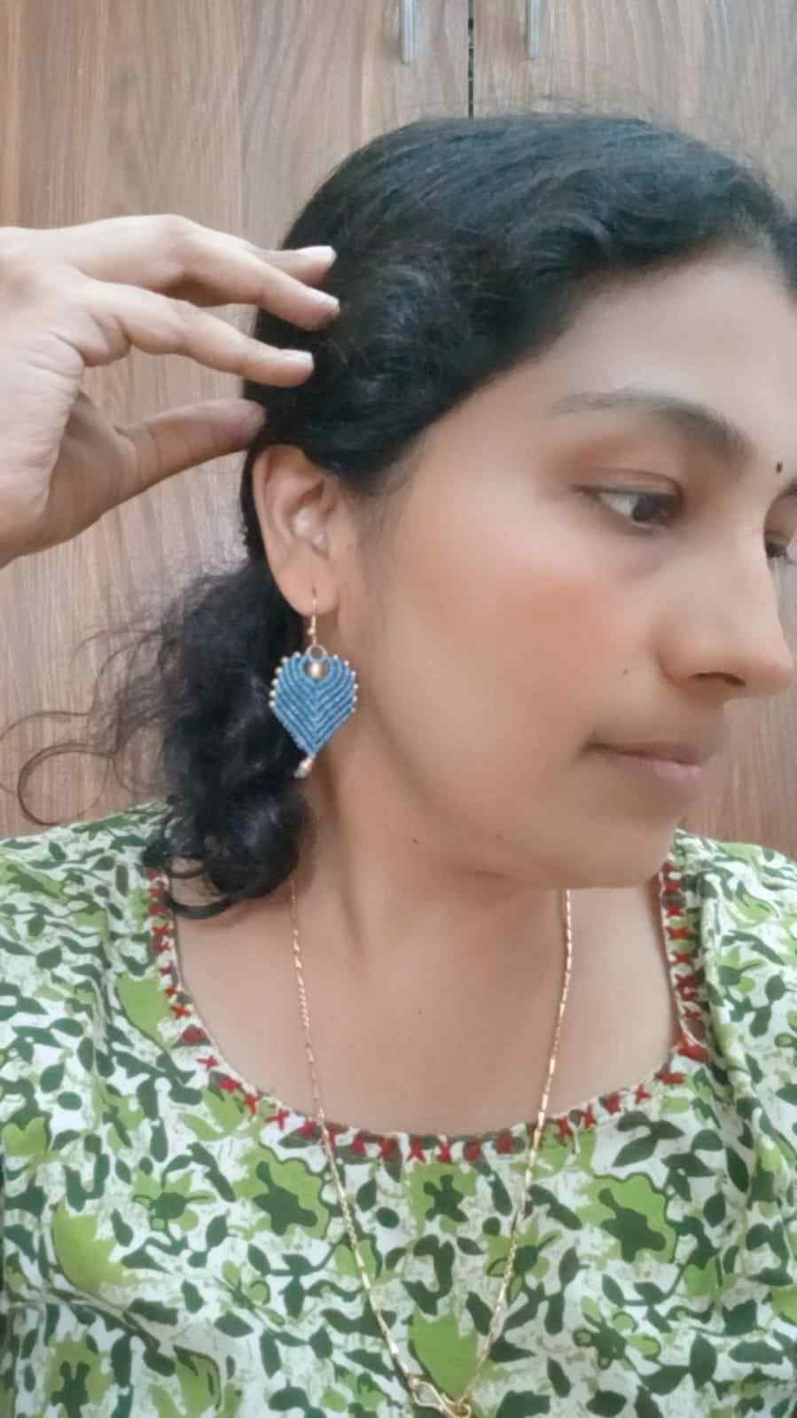 peacock feather earrings brass bead earrings leaf earrings blue earrings