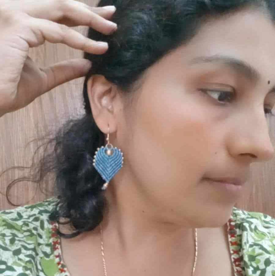 peacock feather earrings brass bead earrings leaf earrings blue earrings