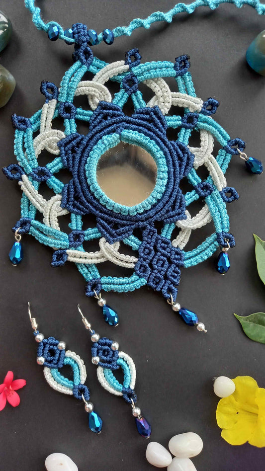 Macrame Mirror Work Mandala Necklace and Earrings Set in Blue and White