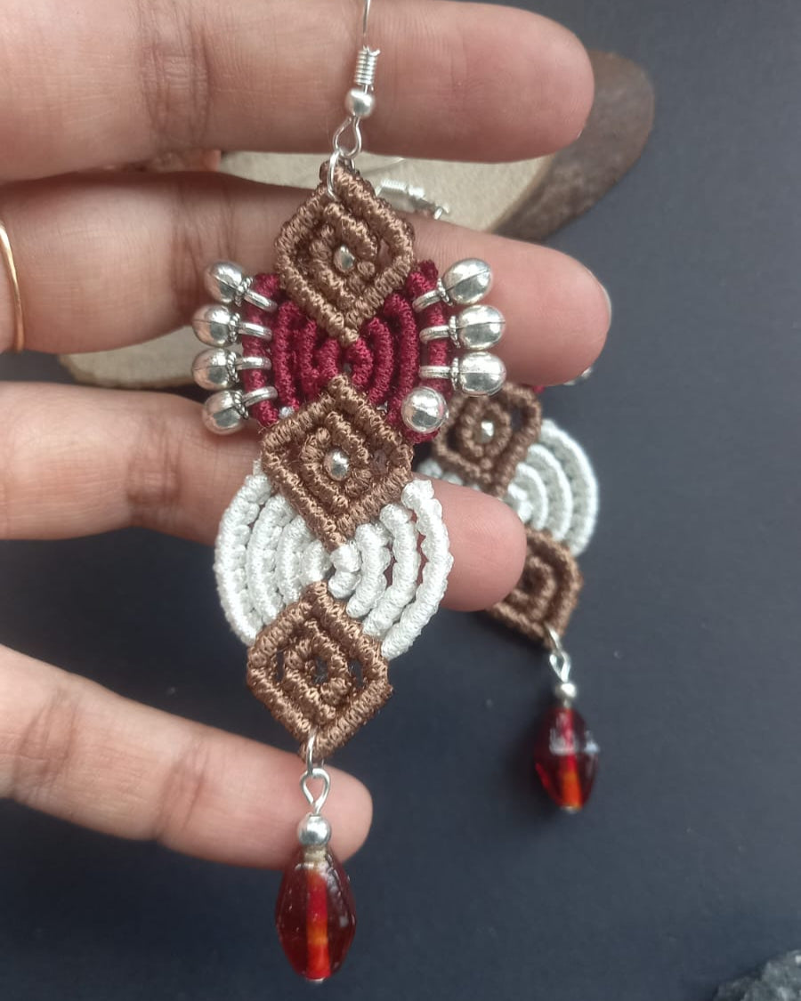 macrame long tribal style earrings with silver beads and gunghroos and glass beads