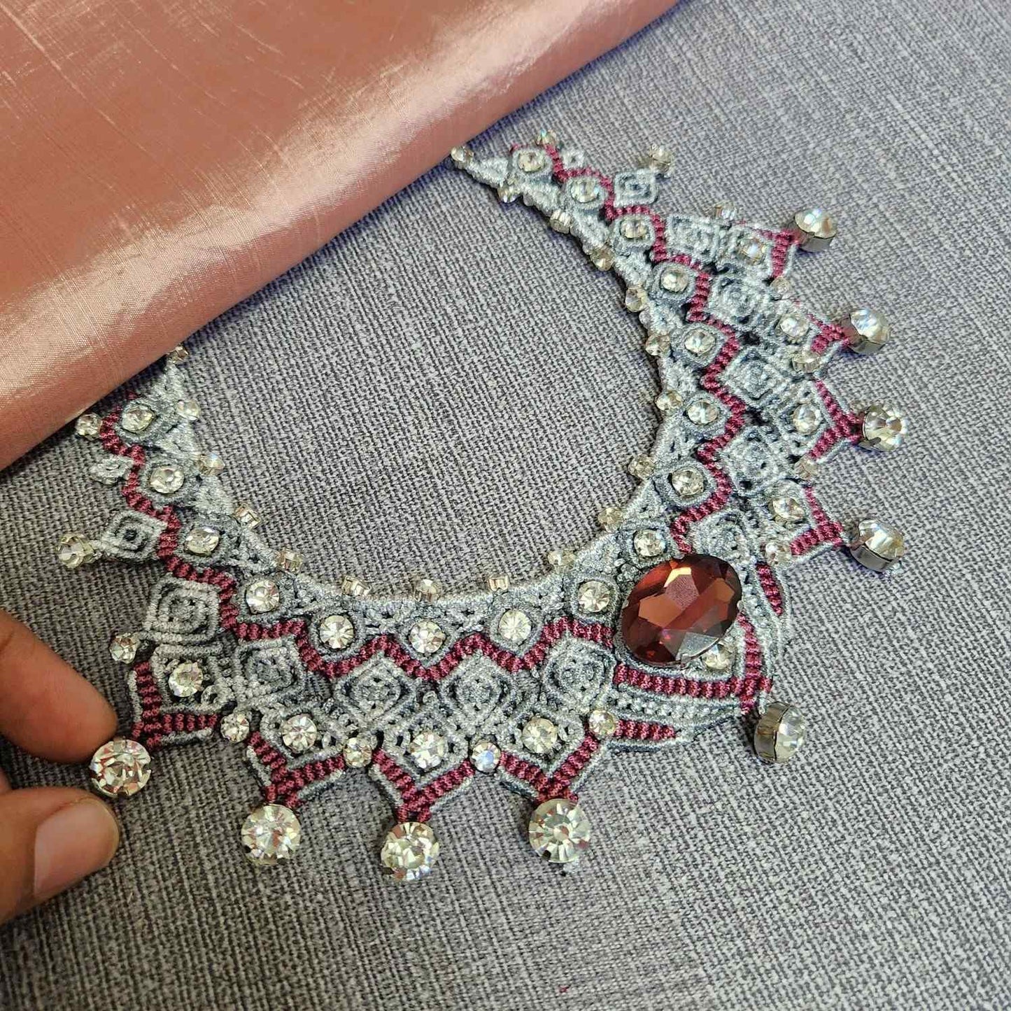 silver necklace burgundy cocktail necklace reception jewellery clubbing necklace stone necklace evening wear jewellery