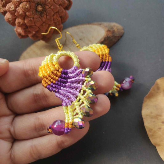 bead earrings macrame earrings thread earrings twisted earrings yellow purple lavender earrings