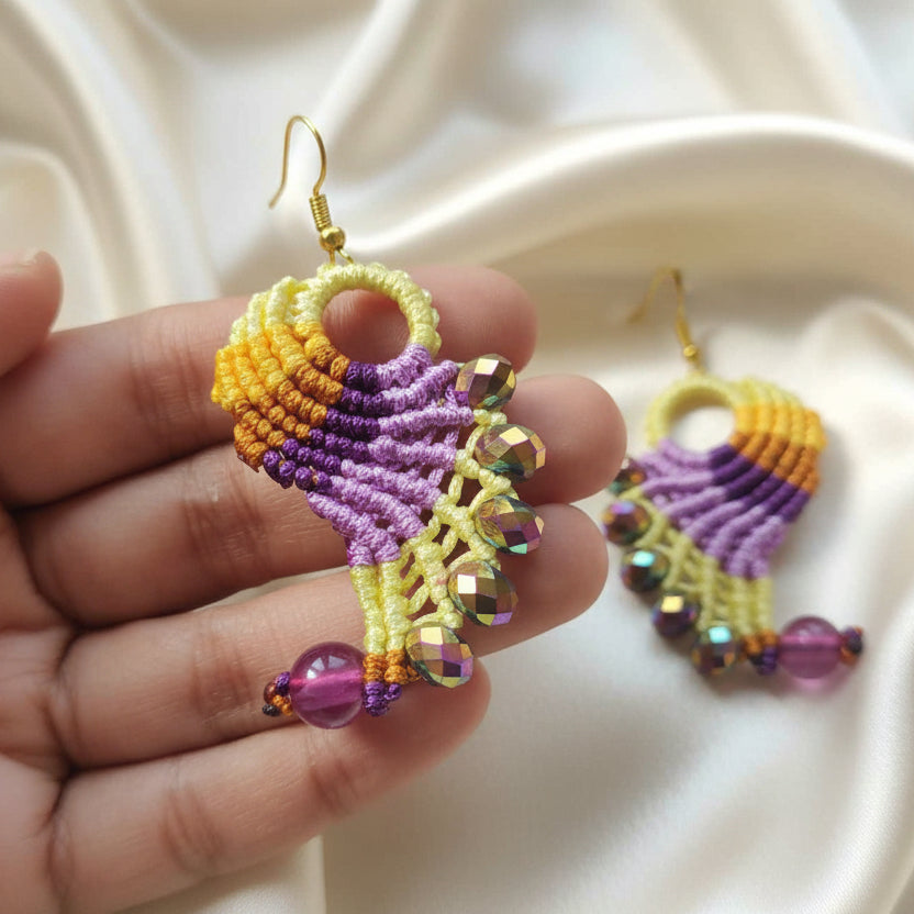 bead earrings macrame earrings thread earrings twisted earrings yellow purple lavender earrings