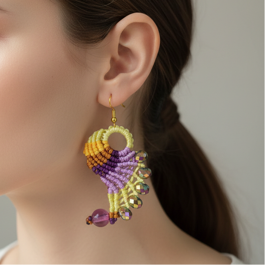 Hamsa yellow purple macrame earrings