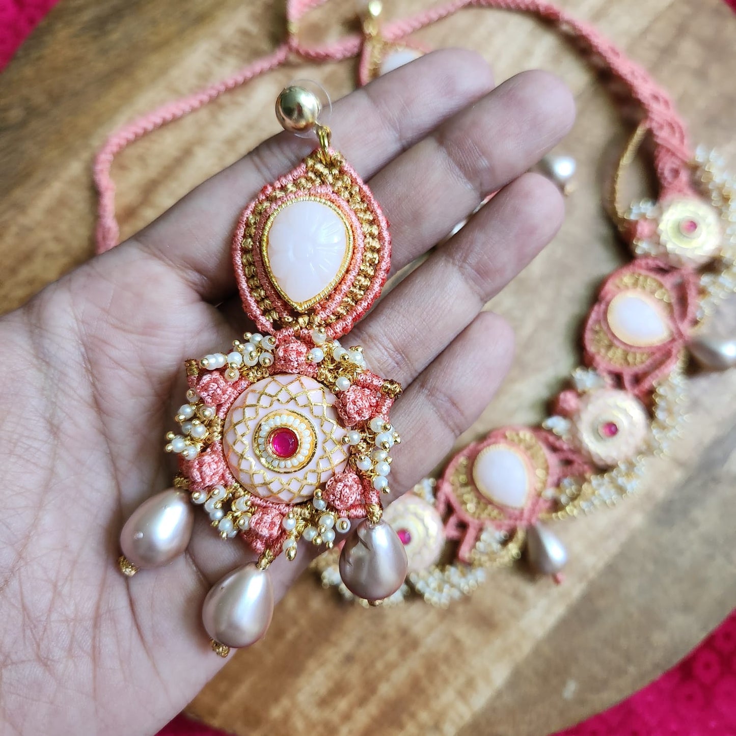 artisanal necklace macrame jewellery coral gold pearl necklace meenakari stone evening partywear wedding reception pastel