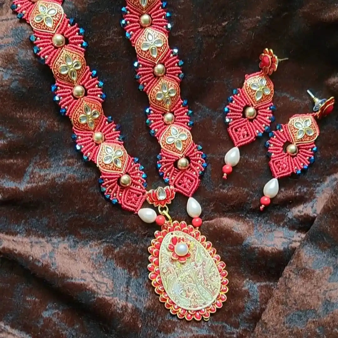 wedding jewellery red necklace karwa chauth wedding bridal necklace set pearl earrings stud danglers party wear jewels
