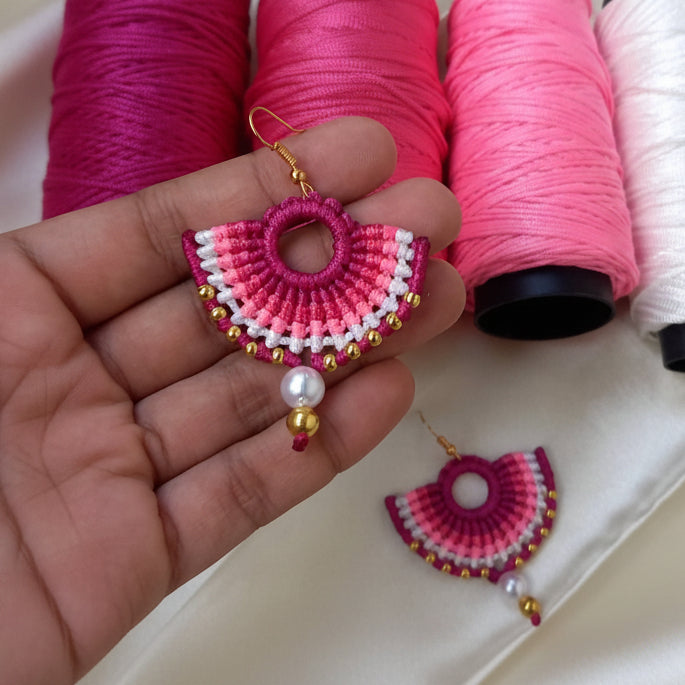 semi-circle macramé bead dangler earrings in different colours