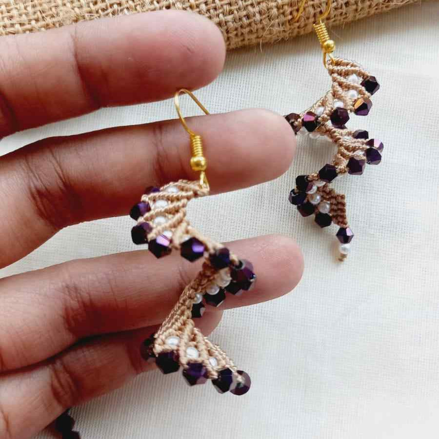 macrame bead earrings in spiral shape with purple beads office wear earrings