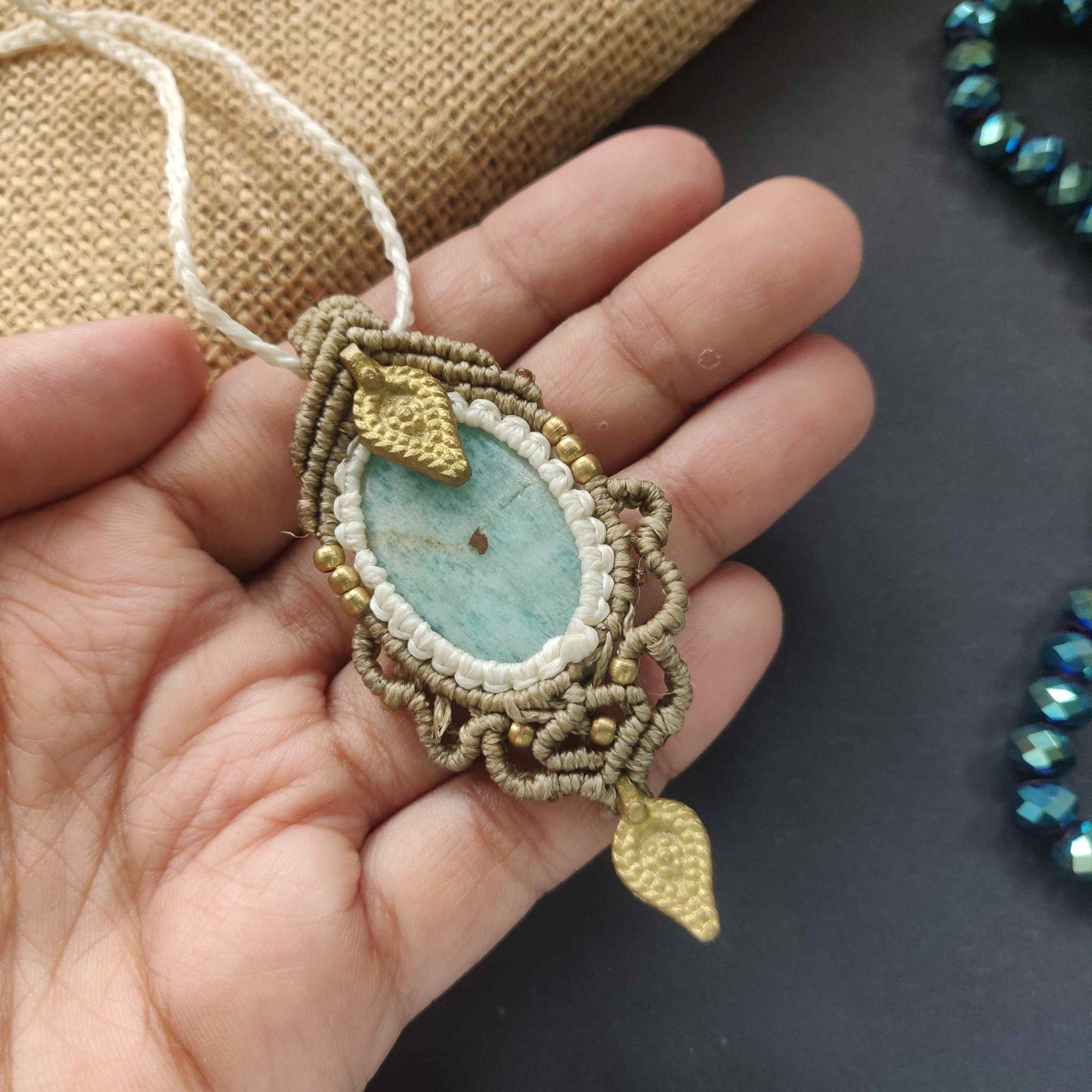 stone pendant stone necklace brown necklace gold necklace blue stone brass charm necklace