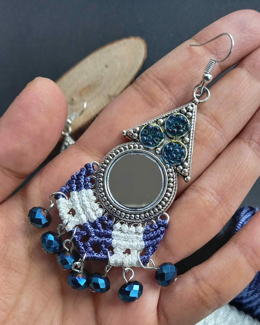macrame mirror dangler bead earrings with seed beads
